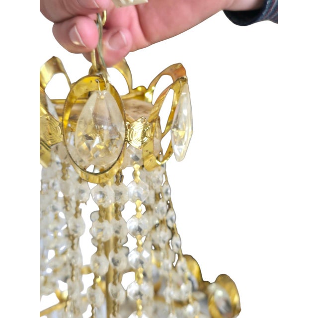 Metal Mid-Century Modern Gilded Brass Crown Chandelier with Faceted Crystal Teardrop Crystals in the style of Palwa, Germany, 1960-1970 For Sale - Image 7 of 9