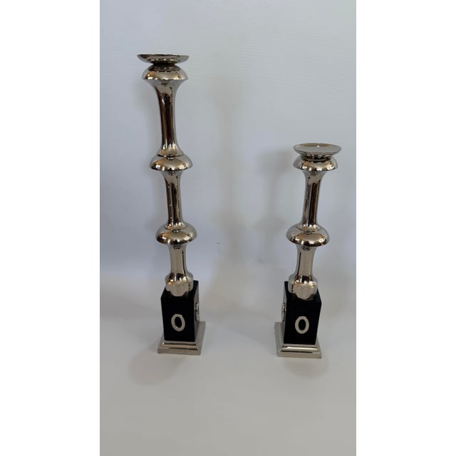 Pair of Global Views Polished Nickel Sculptural Candlesticks, 24.5” & 18.5” For Sale - Image 11 of 11