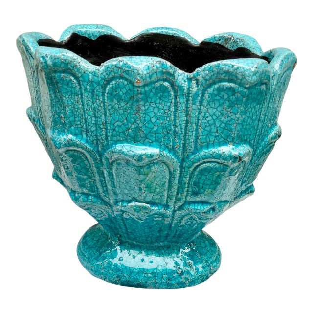 1960s Turquoise Ceramic Planter Vase Jardienier For Sale