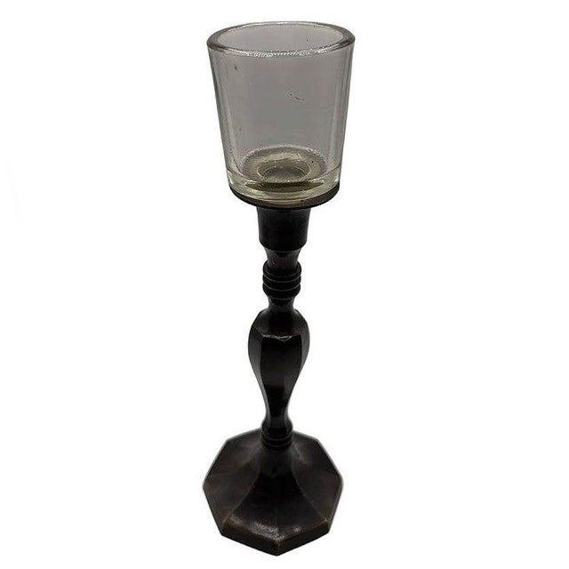 Mid-Century Modern Hand Cast Bronze Candle Holder W/ Reticulated Pierced Silver-Plated Lamp Shade For Sale - Image 3 of 7