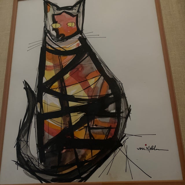 Paint Signed Watercolor and Ink Drawing of a Cat by Maria Von Kohler. For Sale - Image 7 of 12