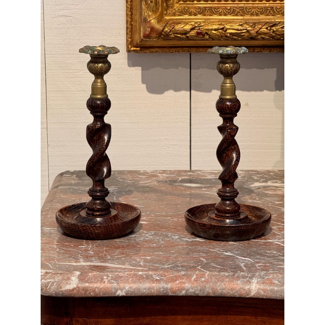 Wood Pair of Oak Barley Twist Candlesticks With Brass Sconces For Sale - Image 7 of 7