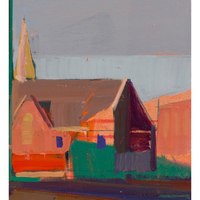 Abstract Christmas Decoration by Hiroshi Sato | Oil on Canvas Abstract scene with buildings and trees. For Sale - Image 3 of 5
