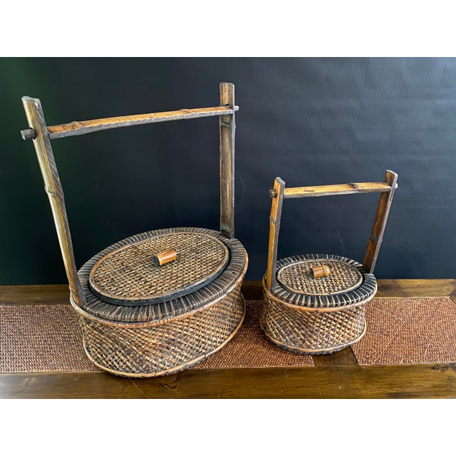 1920s Antique Chinese Bamboo & Rattan Baskets- Set of 2 For Sale - Image 5 of 10