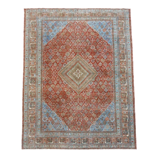 Antique Joshegan Rug – Traditional Persian Floral Design in Red & Light Blue For Sale