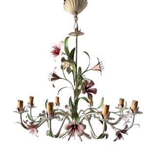 French Pink Lily Floral Tole 8-Light Chandelier attributed to Maison Chaumette, 1960s For Sale
