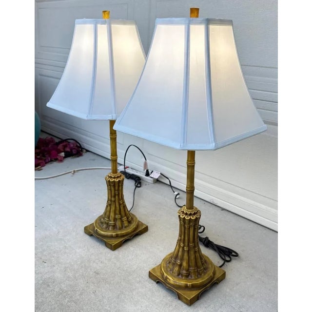 Metal Vintage Regency Chinoiserie Faux Bamboo Metal Table Lamps For Sale - Image 7 of 12