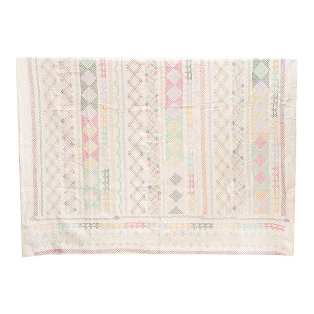 Bohemian Rhapsody Hand-Stitched Cotton Kantha Bedcover For Sale
