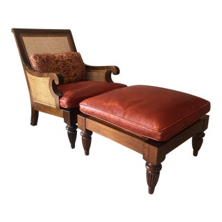 Traditional Caned Back Leather Chair & Ottoman For Sale