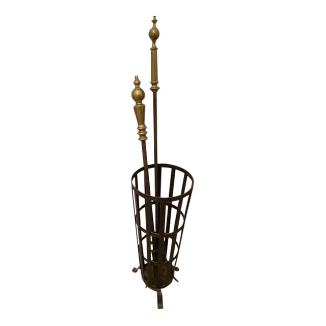 Late 19th Century Tudor Style Assembled Set of 3 Brass and Cast Iron Fire Tools and Stand For Sale
