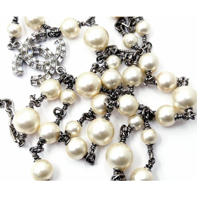 2010s Chanel Silver CC Princess Crystal 60" Super Long Faux Pearl Necklace For Sale - Image 5 of 6