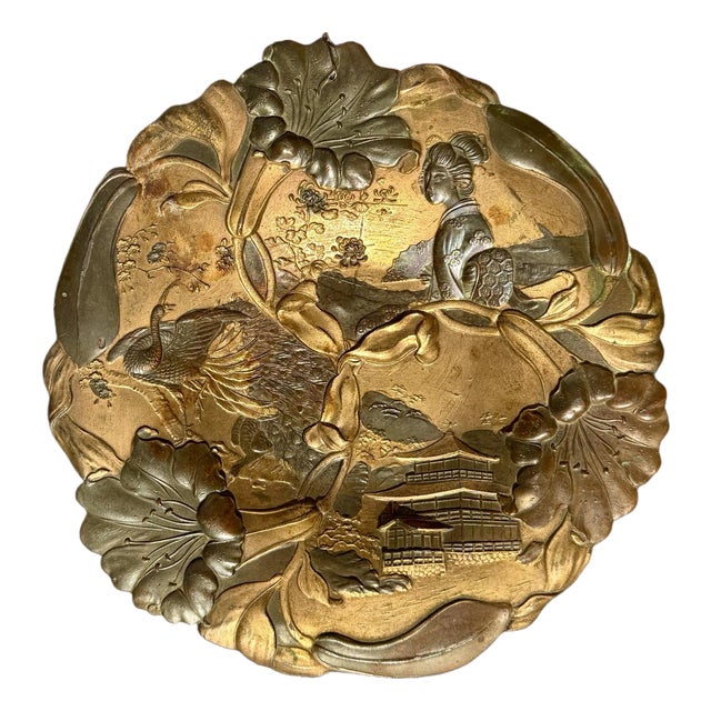 Antique Japanese Meiji Period Mixed-Metal Floral Relief Wall Plaque W/ Geisha & Crane For Sale