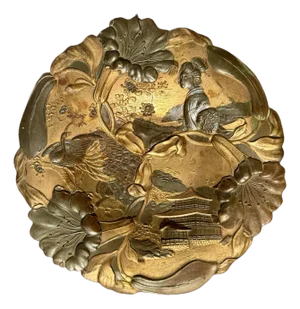 Antique Japanese Meiji Period Mixed-Metal Floral Relief Wall Plaque W/ Geisha & Crane
