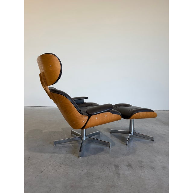 Mid Century Modern Eames Style Lounge Chair and Ottoman, Brown Leather and Oak c.1960’s For Sale In Tampa - Image 6 of 12