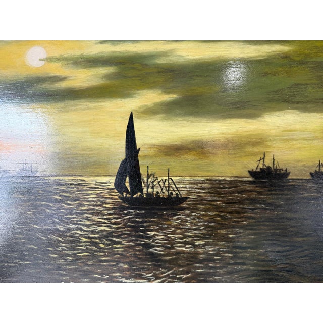 1980s Vintage S. A. Hasan Ocean Boats Seascape Oil on Masonite Painting, Framed For Sale - Image 4 of 11