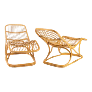 1963 Italian Rattan Lounge Chairs Attributed to Tito Agnoli for Pierantonio Bonacina - A Pair