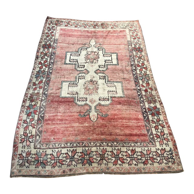 1960s Vintage Tribal Handmade Turkish Faded Rug- 3′8″ × 5′10″ For Sale