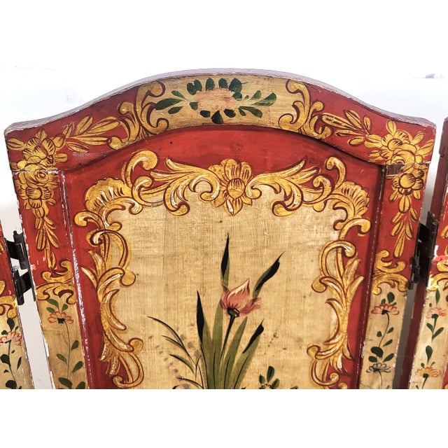 Antique Italian Floral Scarlet & Black Venetian Painted 4 Panel Folding Screen For Sale In New York - Image 6 of 15