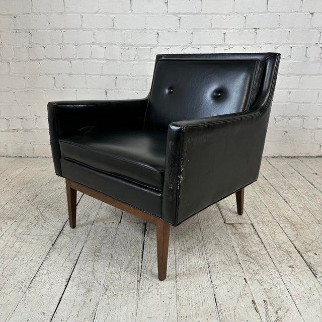 Black Mid Century Modern Black Vinyl Lounge Chair With Walnut Base Milo Baughman Style For Sale - Image 8 of 12