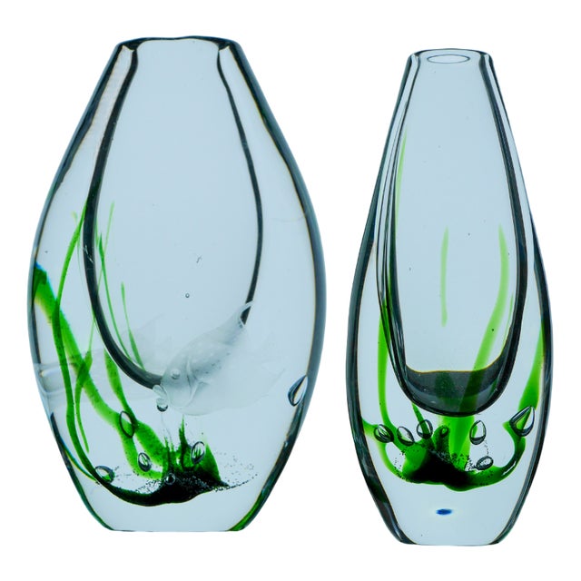 Seaweed & Fish Vases by V. L. Kosta, Set of 2 For Sale