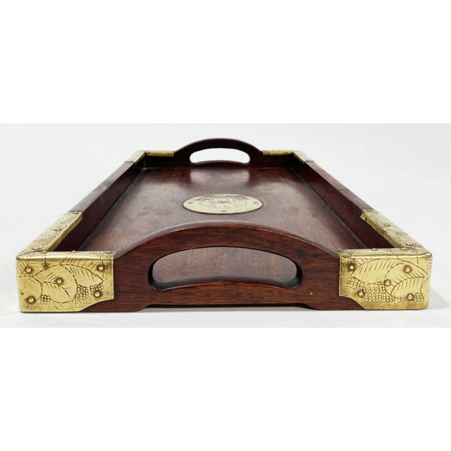 Brown Vintage Asian Motif Rosewood Tray With Brass Hardware For Sale - Image 8 of 10