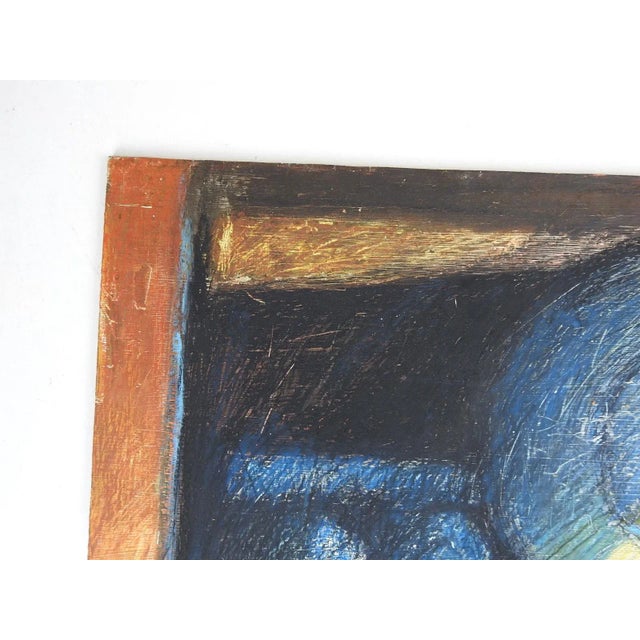 Late 20th century mixed media on masonite abstract painting. Unsigned. Unframed, scattered surface scuffing.