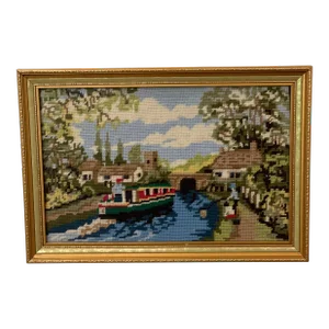 Vintage Handmade Textile Art in Needlepoint, Riverboat, Bridge, English Setting, Ocean, Waterfront’s, Boats