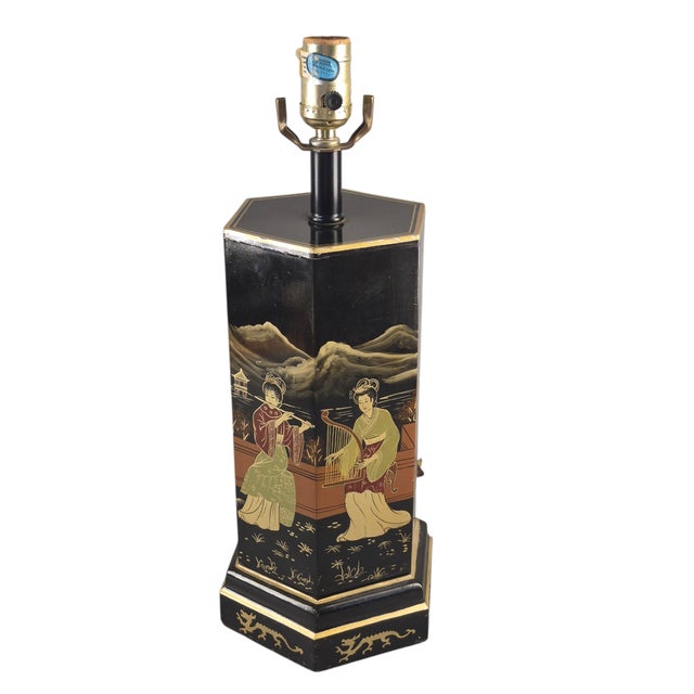 Vintage Asian Black Lacquer Hexagonal Figural Chinoiserie Table Lamp For Sale - Image 12 of 12