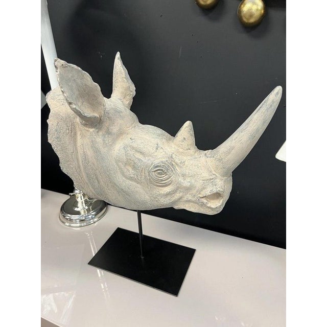 Plastic Large Realistic Rhinoceros Head Bust Sculpture on Metal Stand For Sale - Image 7 of 12