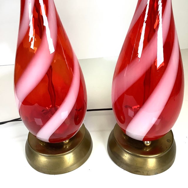 Murano Vintage Mid Century Modern Candy Cane Swirl Striped Red Table Lamps 1950s Murano Glass - a Pair For Sale - Image 4 of 8