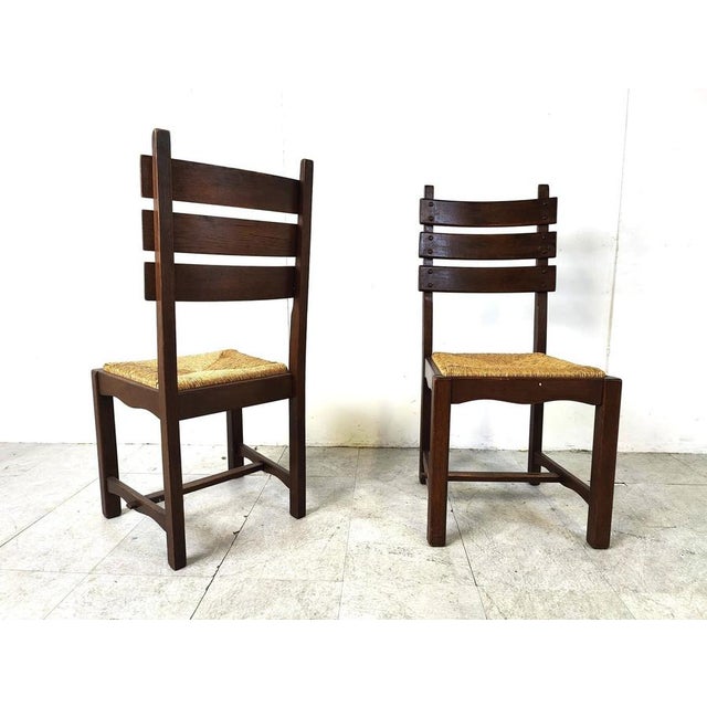 Wood Vintage Brutalist Oak and Wicker Dining Chairs, 1960s, Set of 6 For Sale - Image 7 of 12