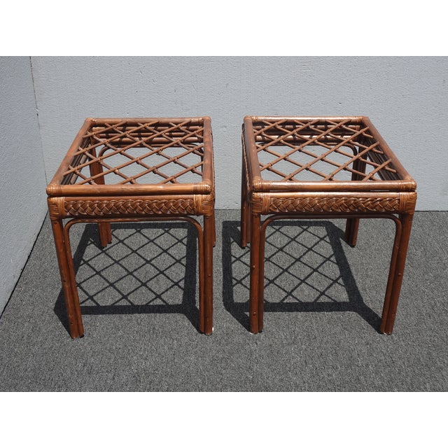 French Country Vintage Mid Century Modern Rustic Bamboo Rattan Brown End Tables - a Pair For Sale - Image 3 of 13