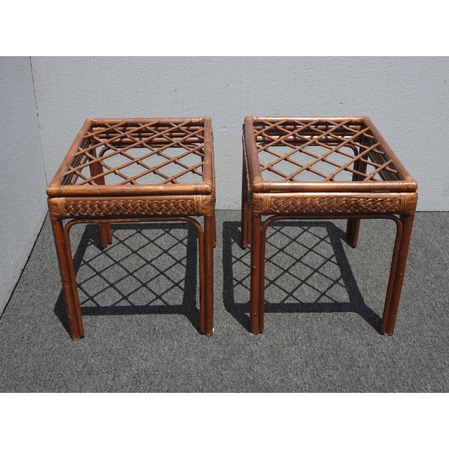 French Country Vintage Mid Century Modern Rustic Bamboo Rattan Brown End Tables - a Pair For Sale - Image 3 of 12