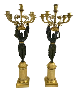 Pair Ormolu and Patinated Bronze Empire Figural Nike Candelabra Signed Meignan