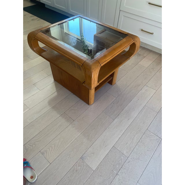 Mid-Century Modern Side Table -1970s California Modern Sculptural Oak Side Table With Smoked Glass Top For Sale - Image 3 of 8