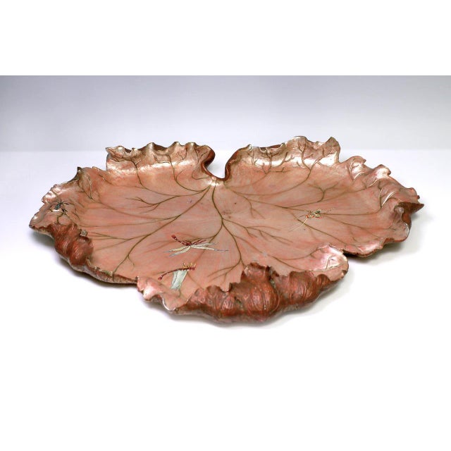 Large Italian 'Golden Age' Polychrome Leaf Form Center Piece, Tray With Dragonflies & Insects For Sale - Image 4 of 10