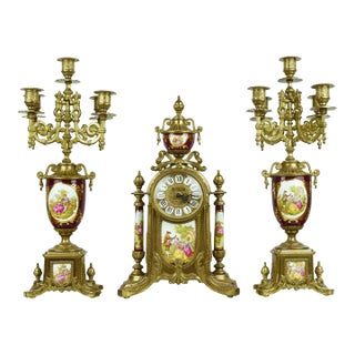 Mid 20th Century Imperial Gilt Brass Frame With Porcelain Plaques Mantle Clock & Five-Light Candelabra Set - 3 Pieces Italy For Sale