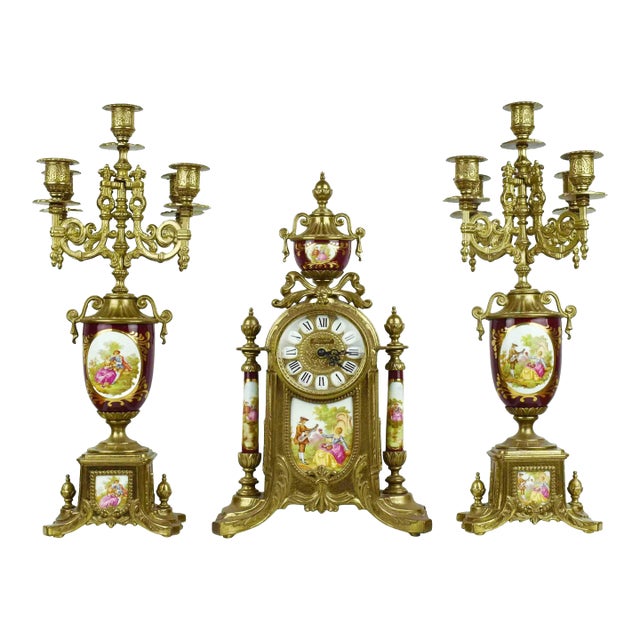 Mid 20th Century Imperial Gilt Brass Frame With Porcelain Plaques Mantle Clock & Five-Light Candelabra Set - 3 Pieces Italy For Sale
