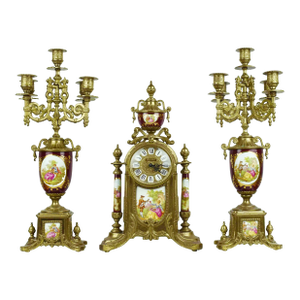 Mid 20th Century Imperial Gilt Brass Frame With Porcelain Plaques Mantle Clock & Five-Light Candelabra Set - 3 Pieces Italy