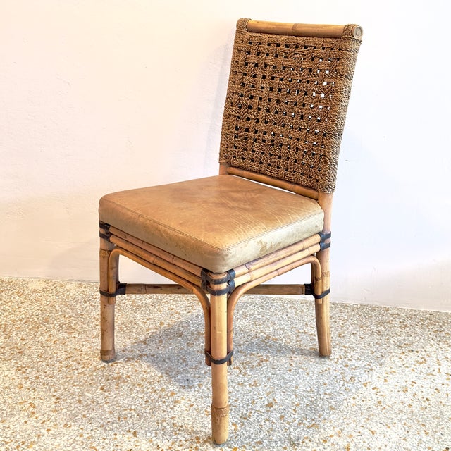 1980s Vintage Coastal Style Rattan & Rawhide Dining Chairs by Palecek - Set of 4 For Sale - Image 5 of 17