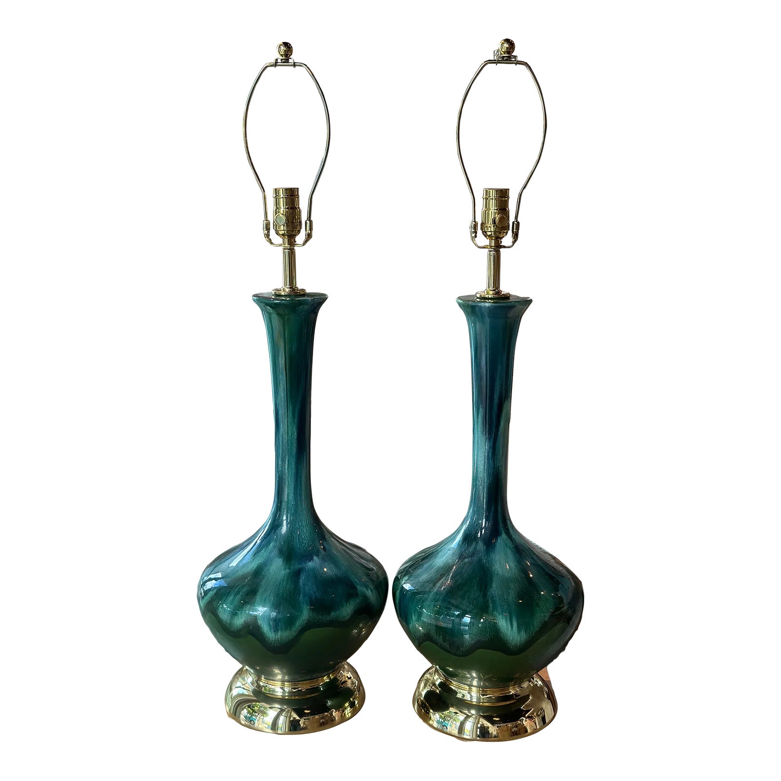 Vintage Pair 1960s Drip Glaze Blue Green Table Lamps Newly Wired