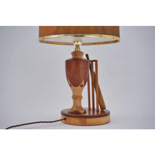1950`s English Marquetry Wood Inlaid Table Lamp, Sport Cricket Theme, Rewired For Sale - Image 11 of 13
