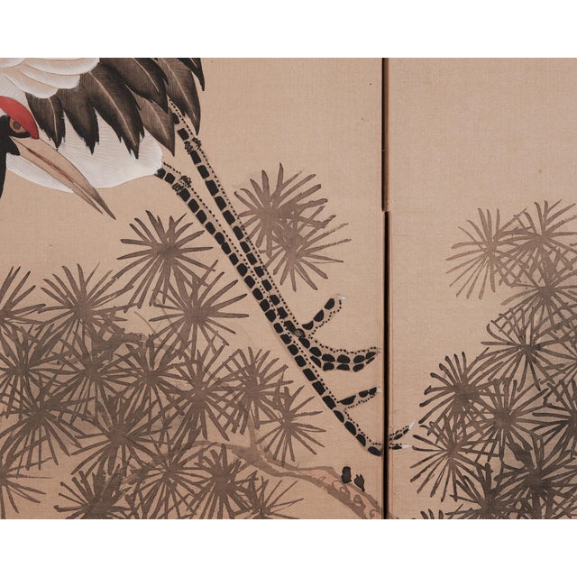 Japanese Style Showa Four-Panel Screen Cranes in Pine Trees For Sale - Image 11 of 18