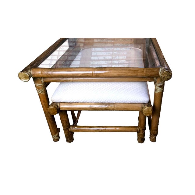 McGuire McGuire Vintage Rattan Coffee Table With Nesting Seats/Ottomans Set For Sale - Image 4 of 9