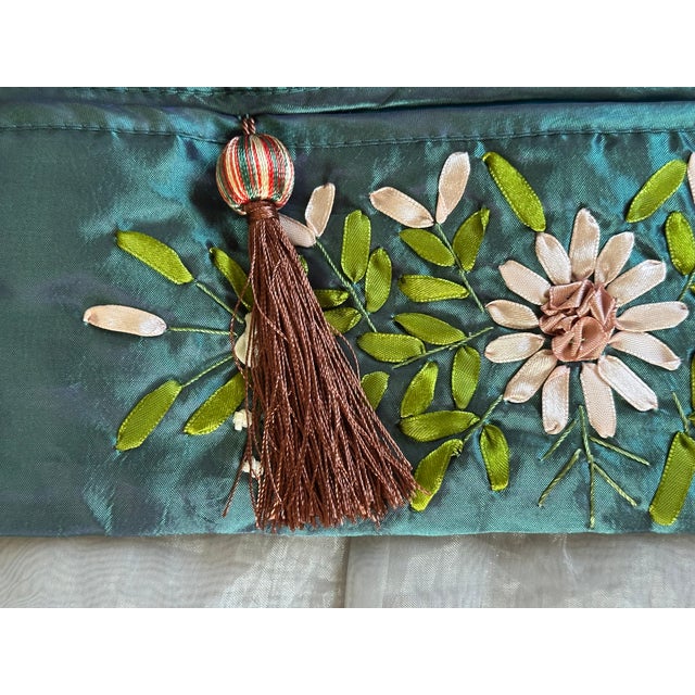 Textile Vintage Ribbon Embroidered Satin Tissue Box Cover For Sale - Image 7 of 12