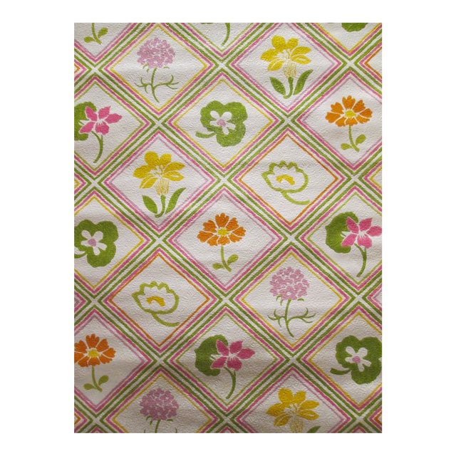 United DeSoto Floral Diamond Motif 70s Vintage Wallcovering For Sale