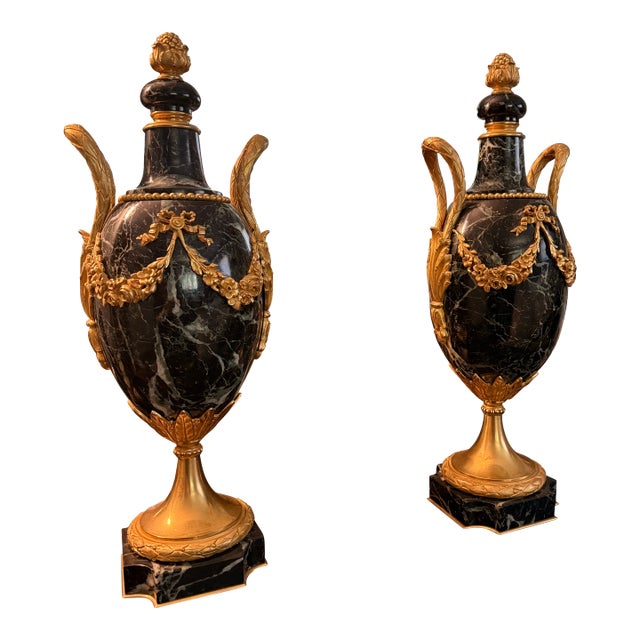 Pair of 1870 French Louis XVI Gold and Marble Exceptional Cassoulets For Sale