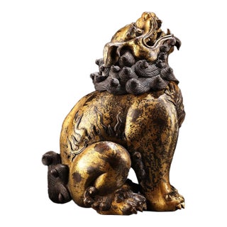 Monumental Vintage Gilt Bronze Guardian Lion Censer - Asian Mythical Beast Incense Burner For Sale