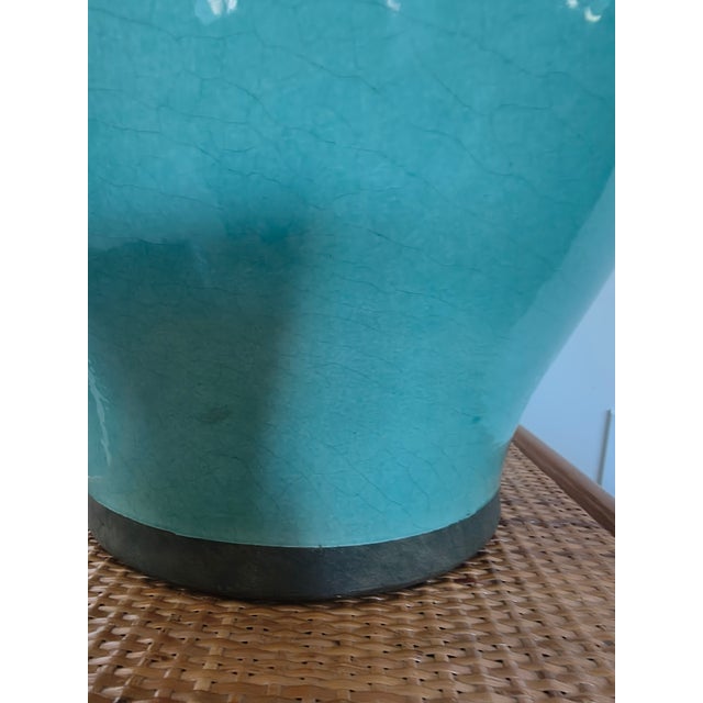 Mid-Century Modern 1970s Mid Century Modern Turquoise Pottery Lamp With Beaded Shade For Sale - Image 3 of 7