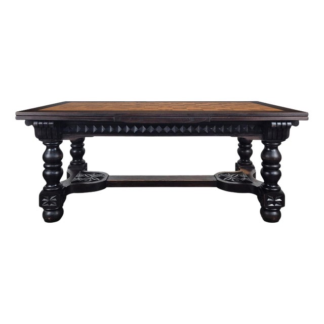 Breton Extendable Table in Carved Oak with Parquet Top For Sale